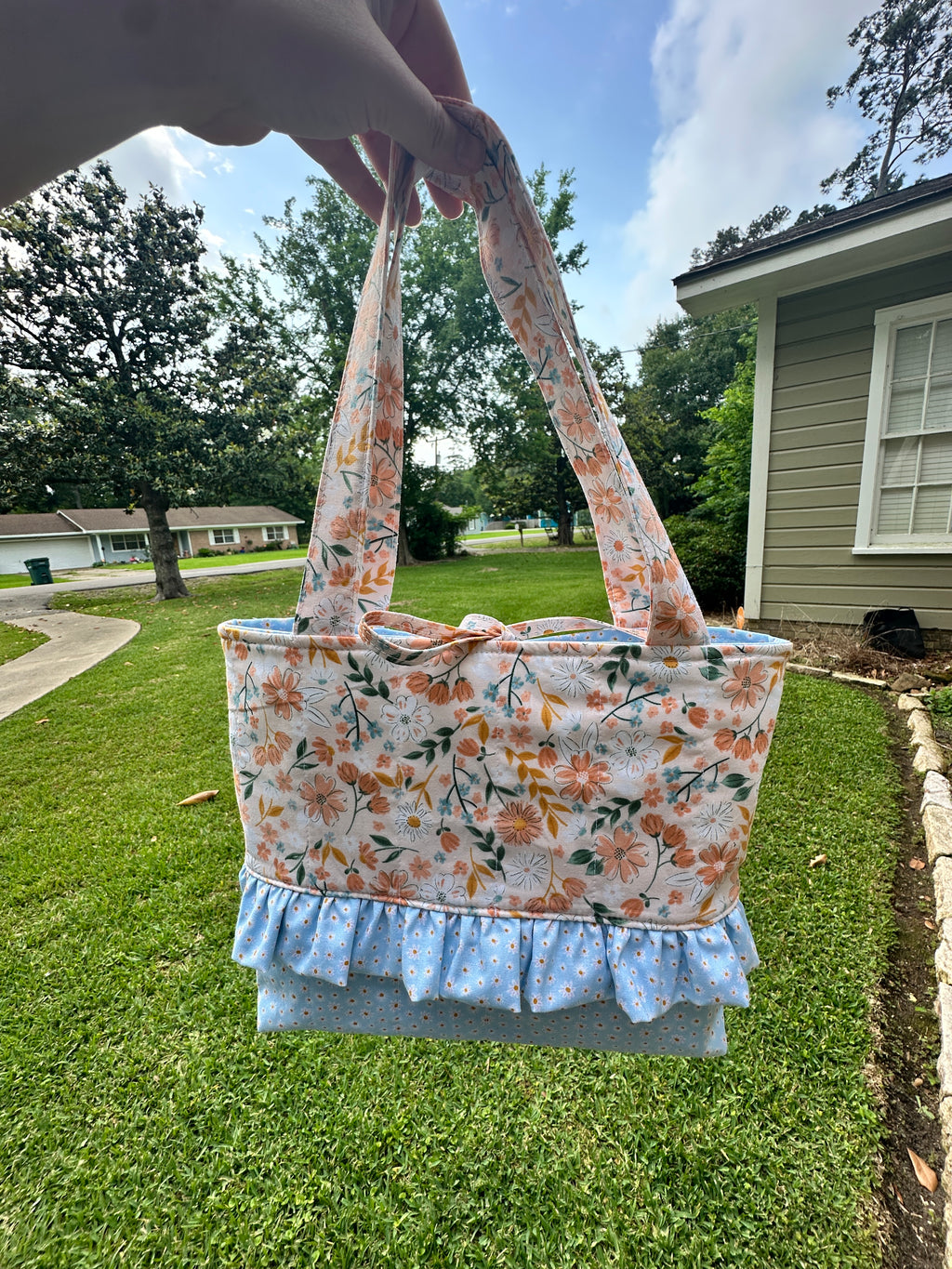 Peach Floral and Blue Tote