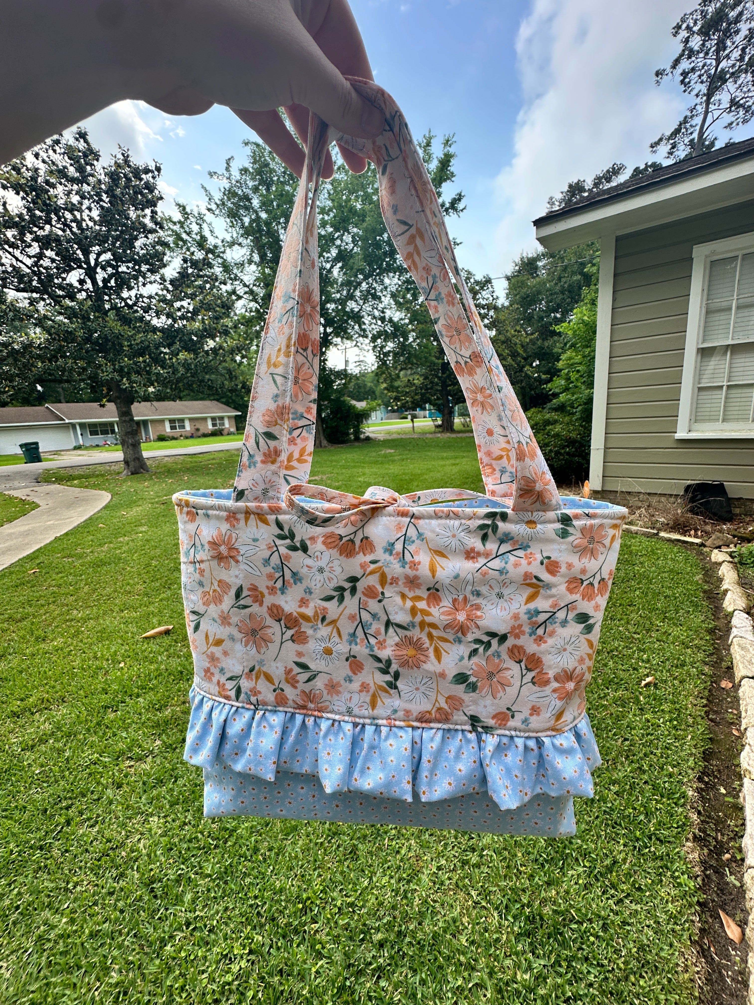 Peach Floral and Blue Tote