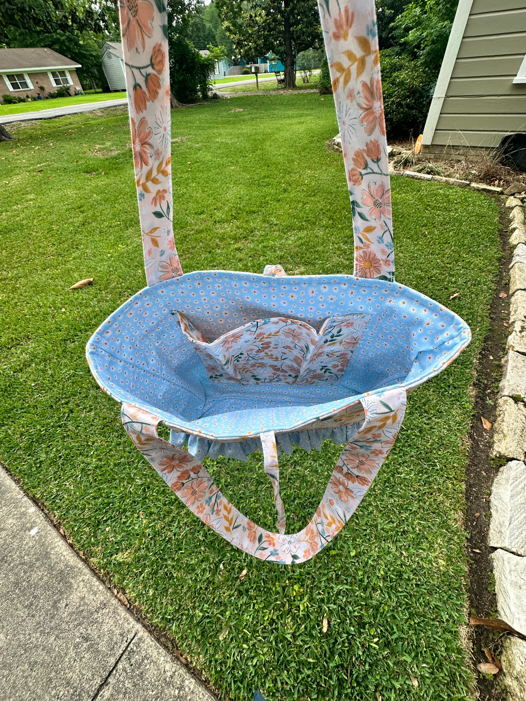 Peach Floral and Blue Tote