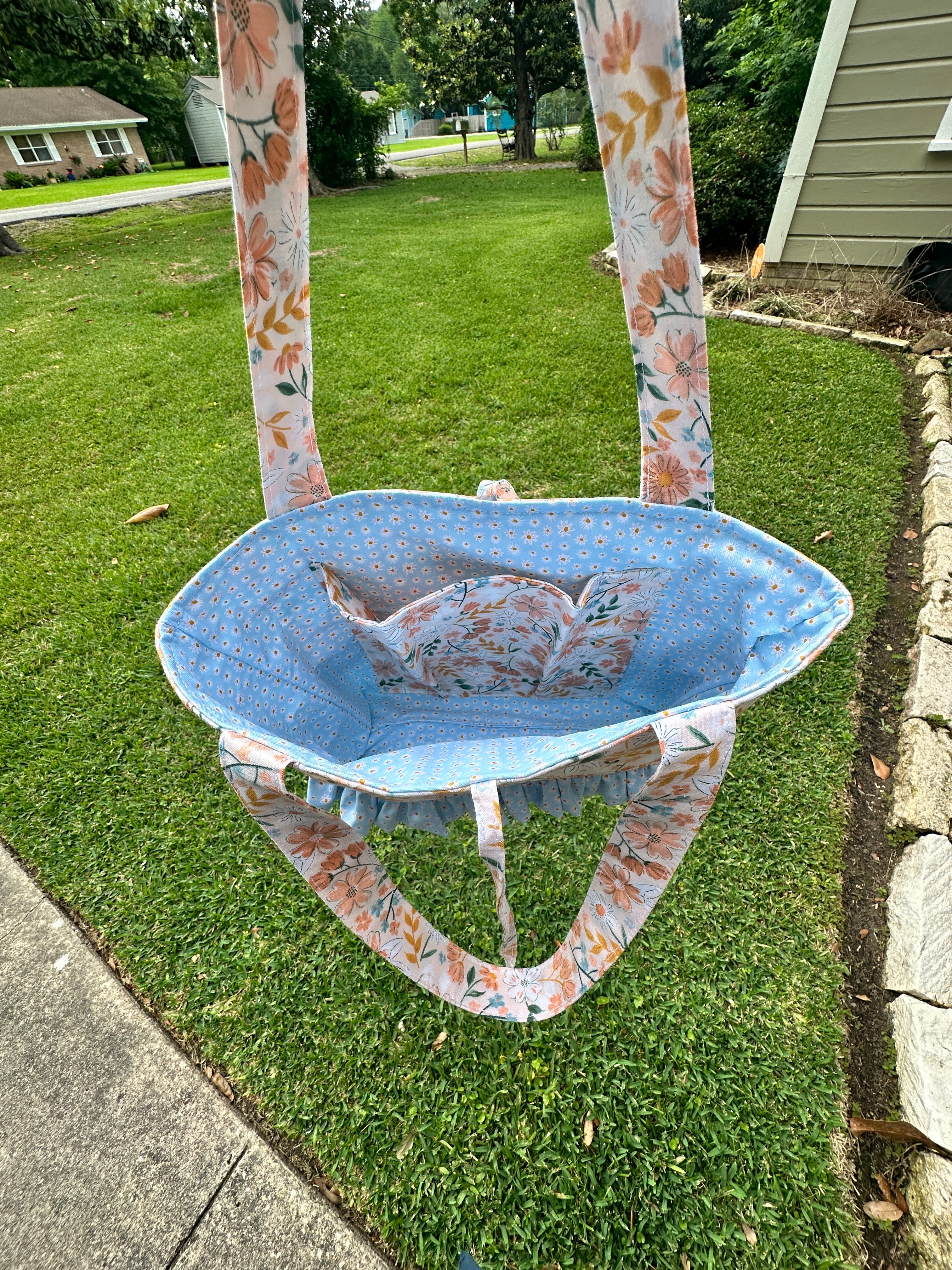 Peach Floral and Blue Tote