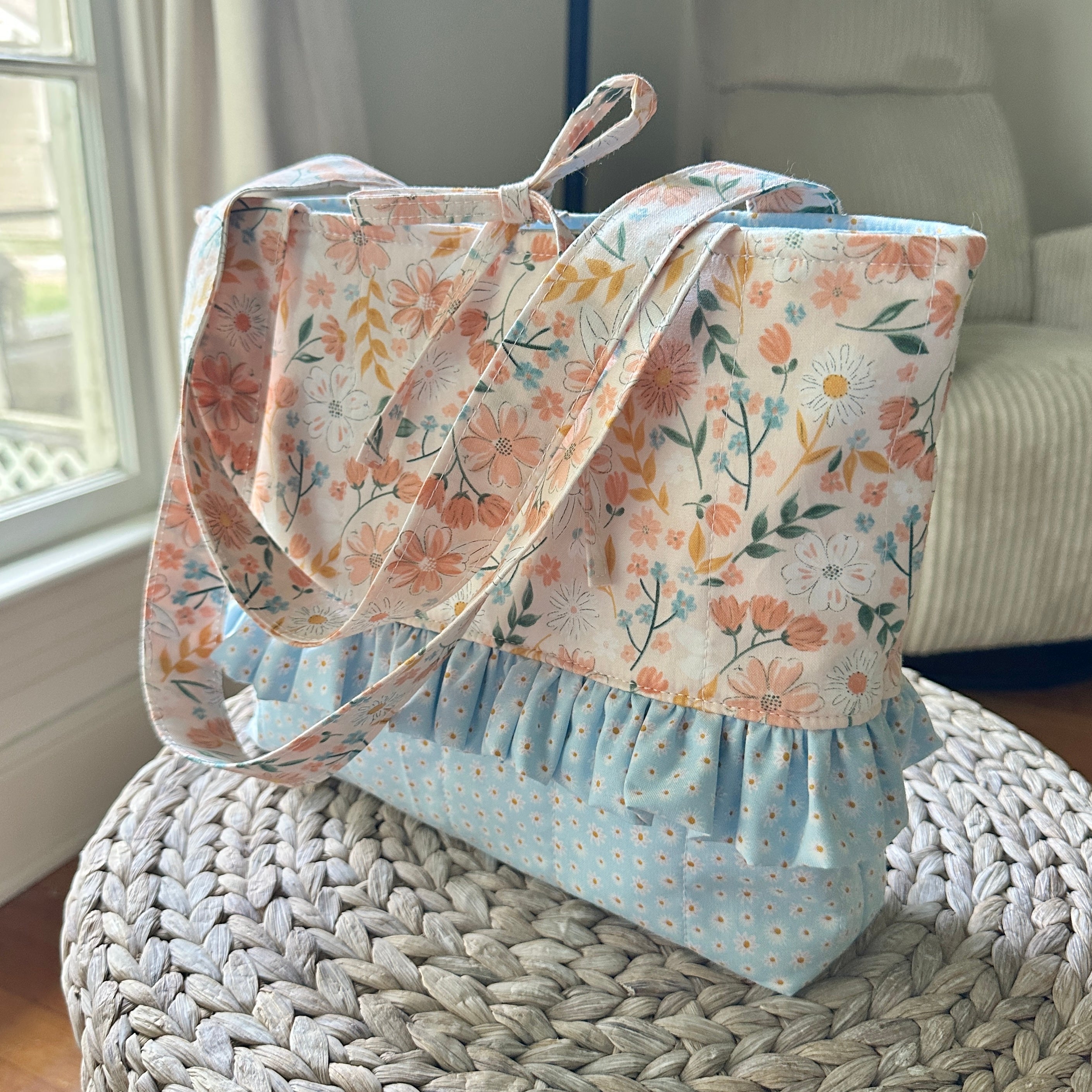 Peach Floral and Blue Tote