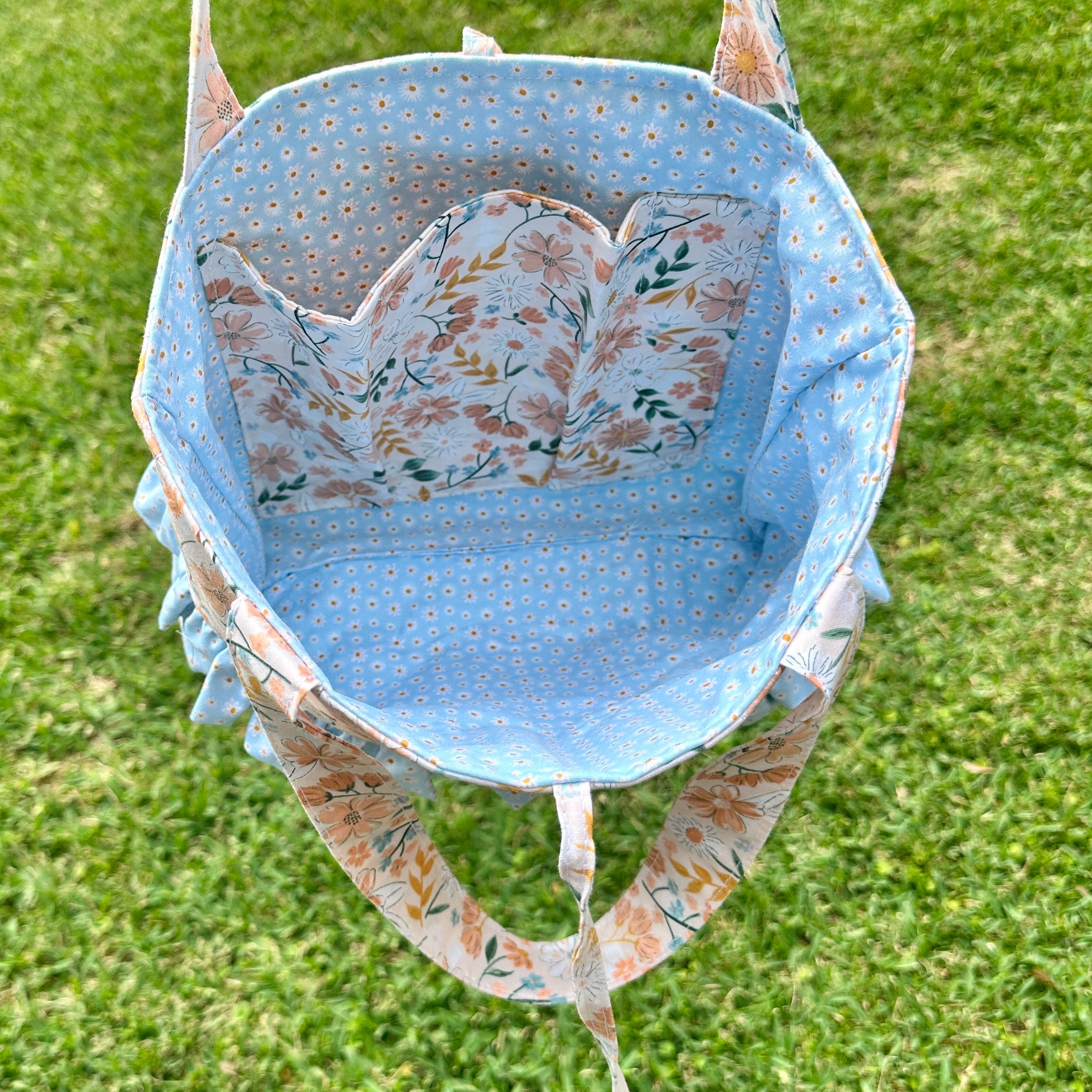 Peach Floral and Blue Tote