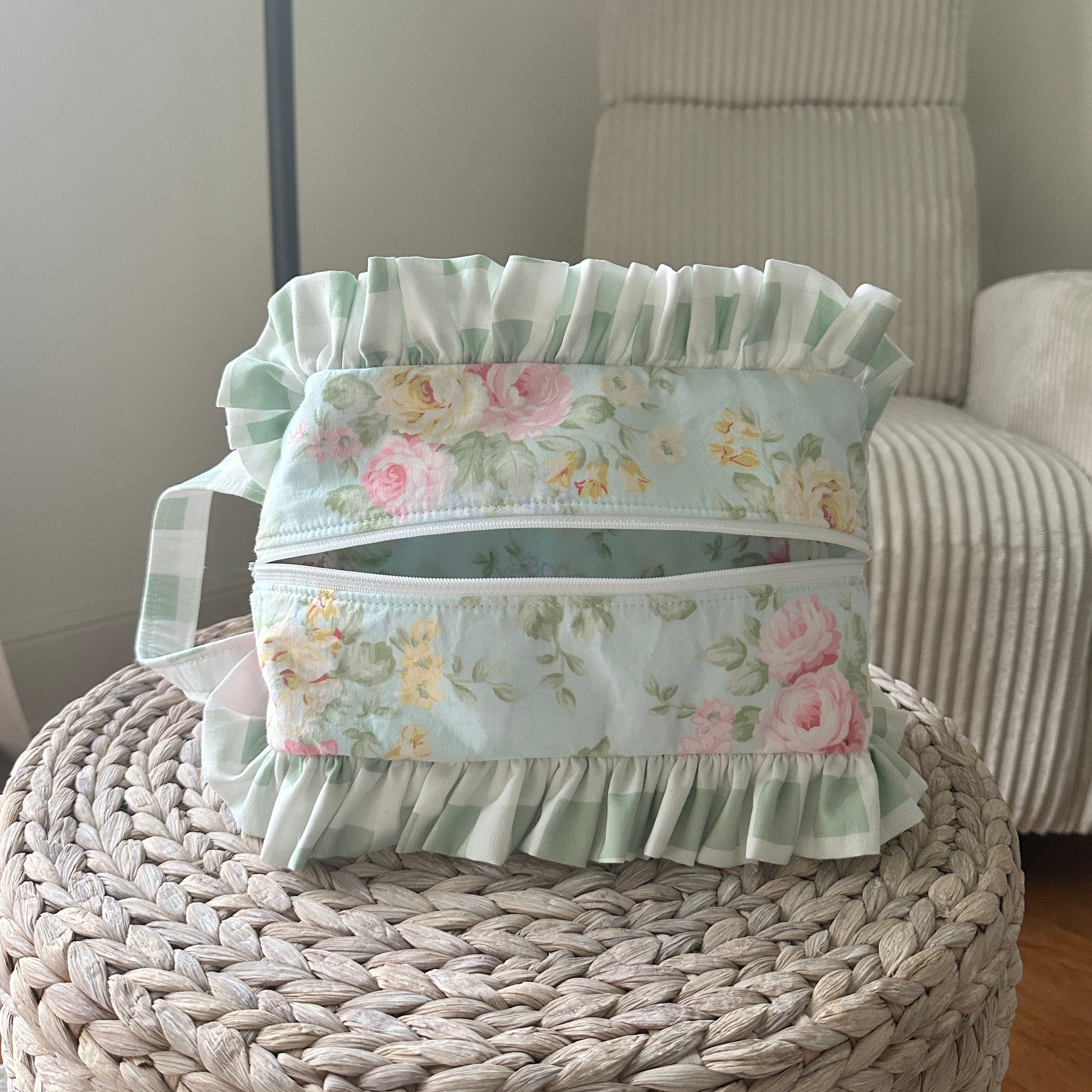 Green Floral and Gingham Diaper Bag